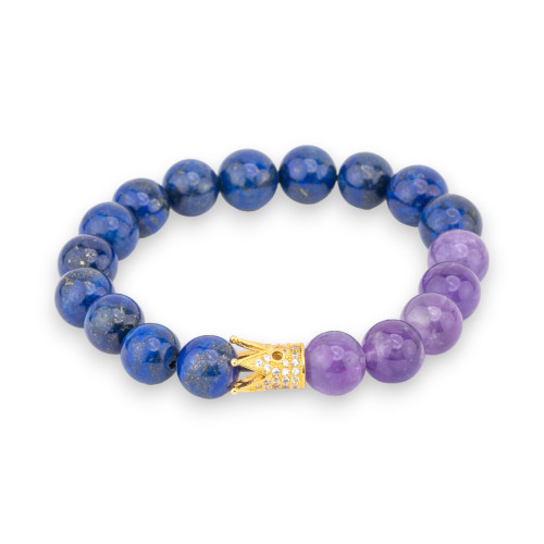 Elastic Bracelet Of Semi-precious Stones 10mm With Central Bronze With Lapis Lazuli And Amethyst