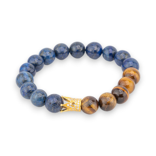 Elastic Bracelet of 10mm Semi-precious Stones with Bronze Center with Lapis Lazuli and Tiger's Eye