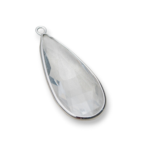 Pendant Of 925 Silver With Drop Zirconia Crystals 15x37mm 2pcs White Rhodium Plated