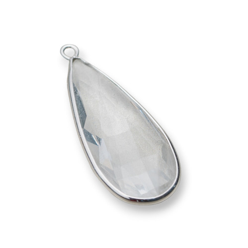 Pendentif En Argent 925 Avec Goutte Cristaux de Zircone 15x37mm 2pcs Plaqué Rhodium Blanc