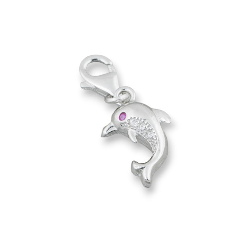 Pendant Of 925 Silver With Carabiner And Zircons 12x20mm 3pcs Dolphins