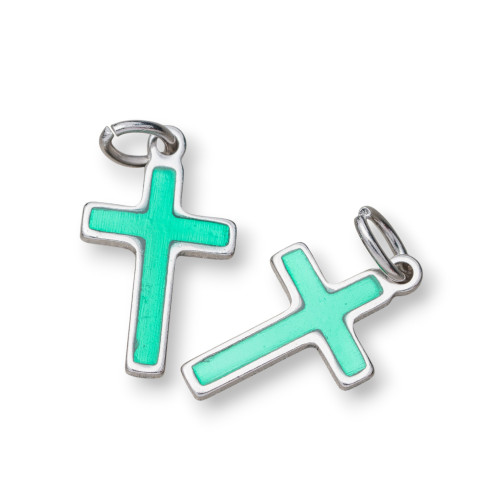 Pendant Of 925 Silver Enamelled Cross 10x16mm Rhodium Plated 10pcs Green