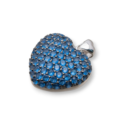 Ciondolo Pendente Di Argento 925 Cuore Con Zirconi 21x27mm Blu