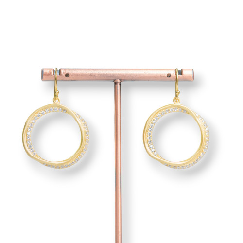 925 Silver Hook Earrings Openwork Circle With Golden Zircons 27x39mm