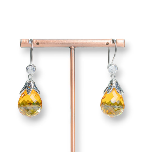 Orecchini A Monachella Di Argento 925 Goccia Con Coppetta Foglie E Cubic Zirconia Arancio 14x47mm