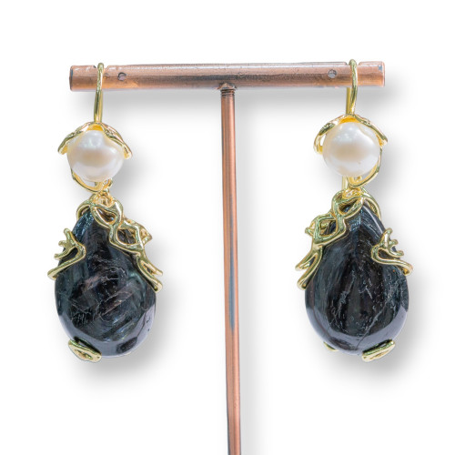 Bronze Hook Earrings With River Pearls And Cabochon Pendant 22x57mm Obsidian