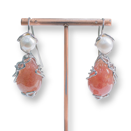 Bronze Lever Earrings With River Pearls And Cabochon Pendant 24x52mm Rhodium Plated Strawberry Quartz