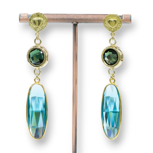 Orecchini A Perno Di Argento 925 Con Cubic Zirconia 12x66mm Dorato Verde-Azzurro