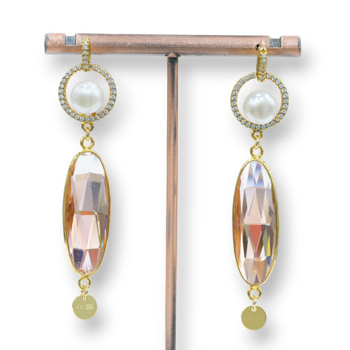 Pendientes de Plata 925 con Circonitas y Perla con Colgante de Circonita Ovalada 14x62mm Oro Rosa