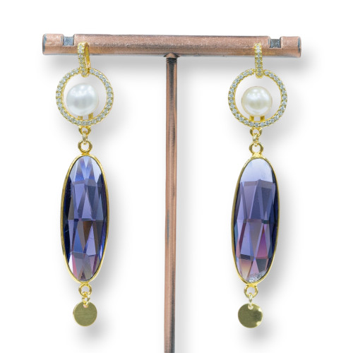 Pendientes de plata 925 con circonitas y perla con colgante de circonita ovalada 14x62 mm dorado violeta