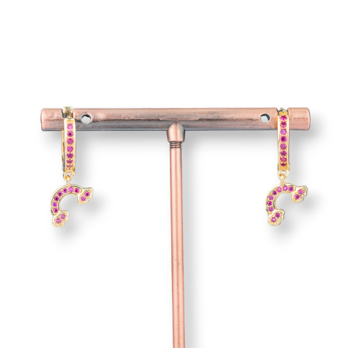 Orecchini Perno Di Bronzo Con Zirconi E Pendente Fantasia 9x26mm Arcobaleno Dorato Rosa