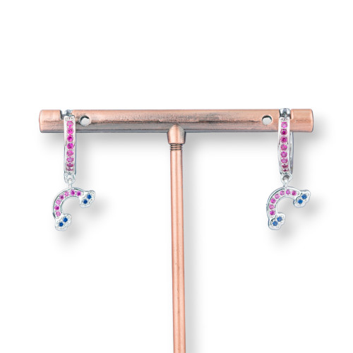 Orecchini Perno Di Bronzo Con Zirconi E Pendente Fantasia 9x26mm Arcobaleno Rodiato Rosa E Blu