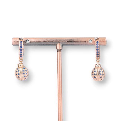 Bronze Stud Earrings With Zirconia And Pendant Fantasy 9x26mm Ladybug Rose Gold Blue