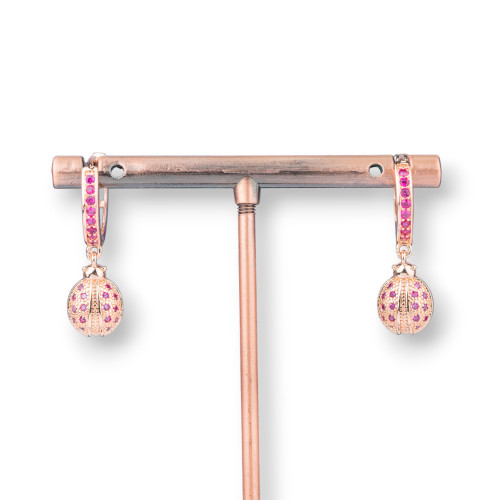 Bronze Stud Earrings With Zirconia And Pendant Fantasy 9x26mm Ladybug Rose Gold Pink