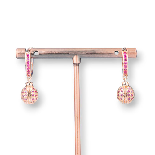 Orecchini Perno Di Bronzo Con Zirconi E Pendente Fantasia 9x26mm Coccinella Oro Rosa Rosa