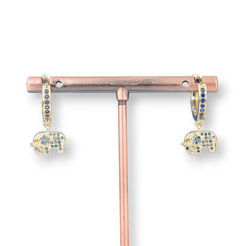 Bronze Stud Earrings With Zirconia And 9x26mm Blue Gold Elephant Fantasy Pendant