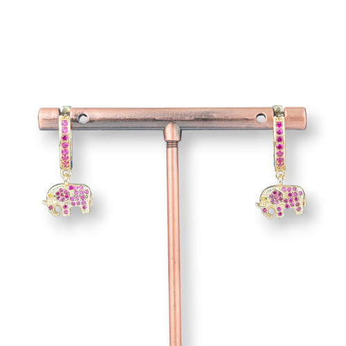 Orecchini Perno Di Bronzo Con Zirconi E Pendente Fantasia 9x26mm Elefante Dorato Rosa