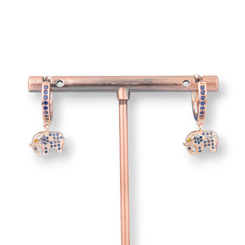 Bronze Stud Earrings With Zirconia And 9x26mm Elephant Fantasy Pendant Rose Gold Blue