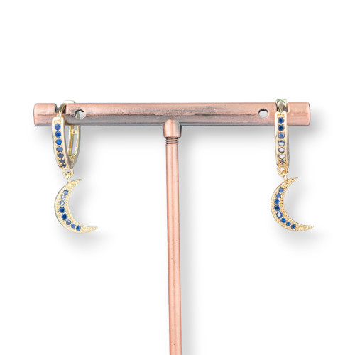 Bronze Stud Earrings With Zirconia And Pendant Fantasy 9x26mm Moon Gold Blue