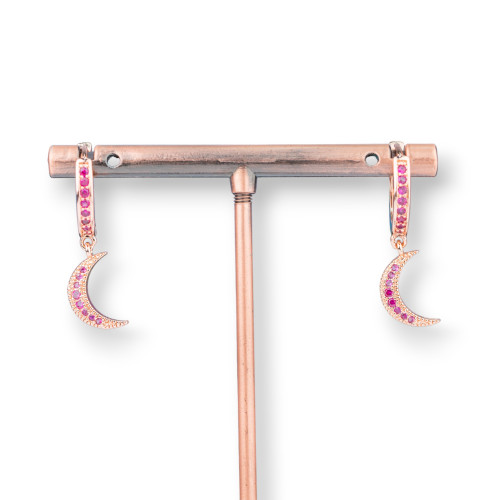 Orecchini Perno Di Bronzo Con Zirconi E Pendente Fantasia 9x26mm Luna Oro Rosa Rosa