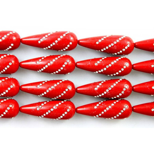 Gota 2 Agujeros Con Strass 15x40mm Pasta De Coral Rojo 10uds