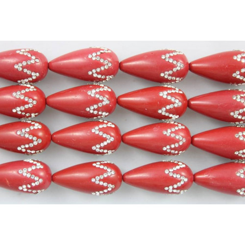 Drop 2 Holes With Rhinestones 16x30mm Red Coral Paste 13pcs