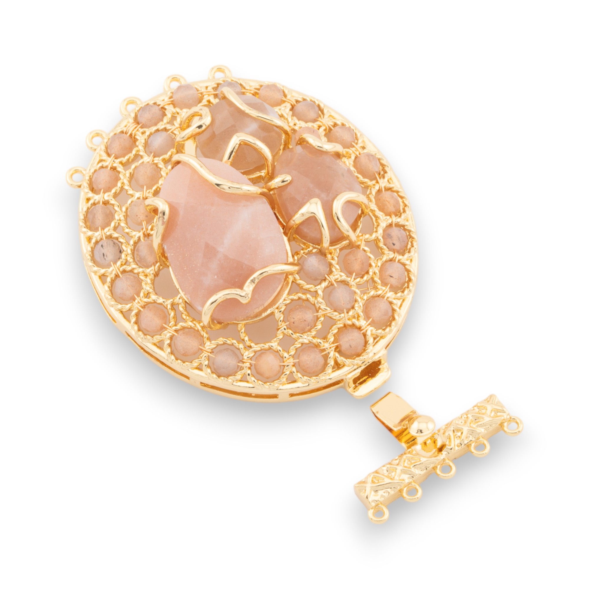 Chiusura Di Bronzo Con Perline Ammagliate Su Filigrana 37x52mm A 5 File 2pz Dorato Pietra Di Luna Rosa