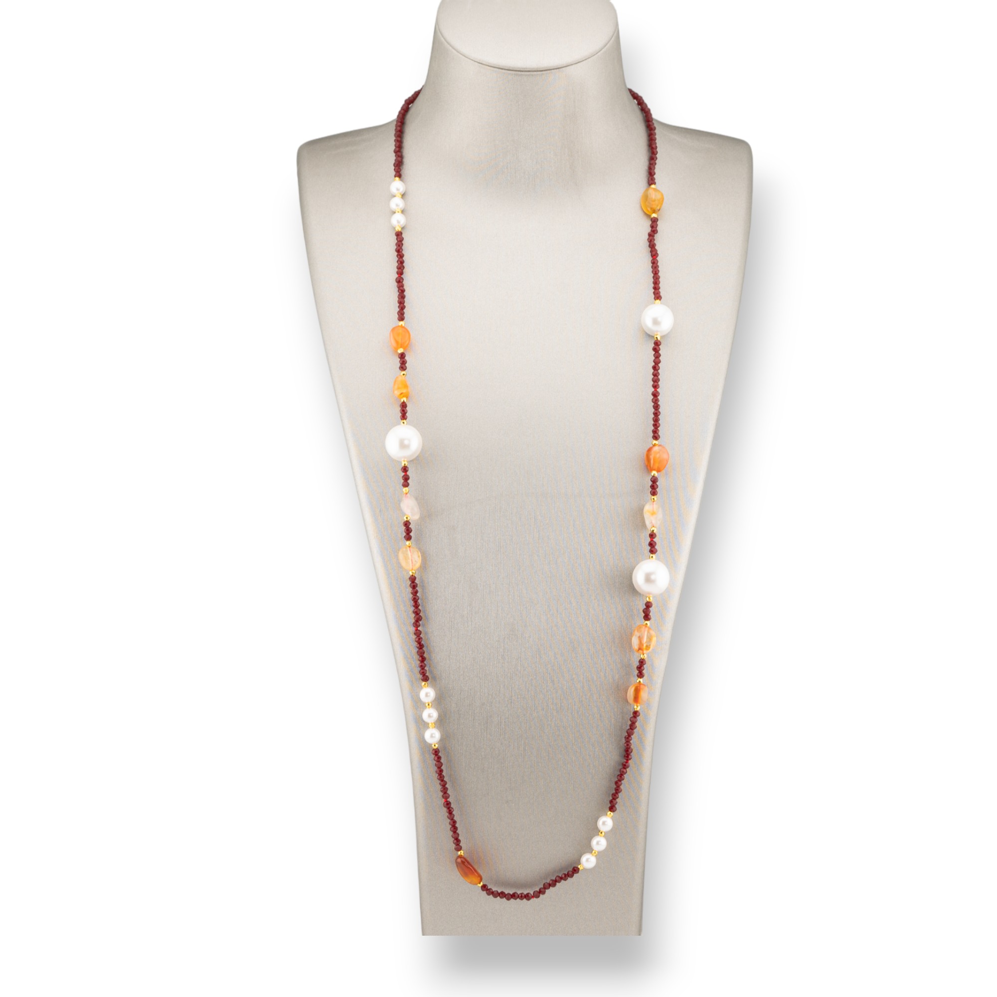 Collana Bijoux Di Cristalli CZ Con Perle Di Maiorca Pietre Dure E Ematite 90cm Corniola