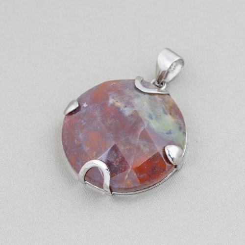 925 Silver and Semiprecious Stones Pendant Round Flat Faceted 30mm - Indian Agate