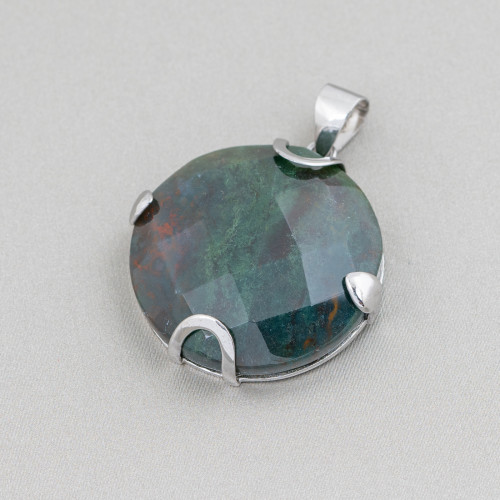 925 Silver and Semiprecious Stones Pendant Round Flat Faceted 30mm - Moss Agate