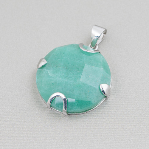 925 Silver and Semiprecious Stones Pendant Round Flat Faceted 30mm - Green Aventurine