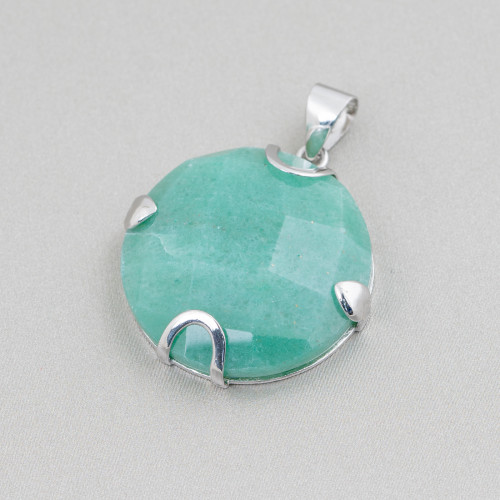 Anhänger aus 925er Silber und Halbedelsteinen, rund, flach, facettiert, 30 mm – grüner Aventurin