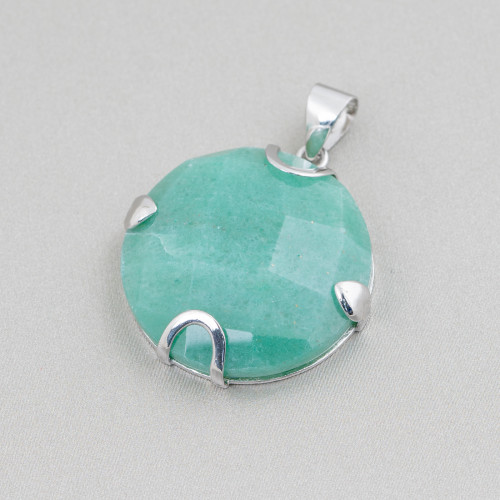 Pendentif Argent 925 et Pierres Semi-précieuses Rond Plat Facetté 30mm - Aventurine Verte