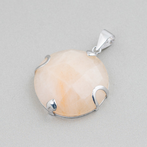 925 Silver and Semiprecious Stones Pendant Round Flat Faceted 30mm - Calcite