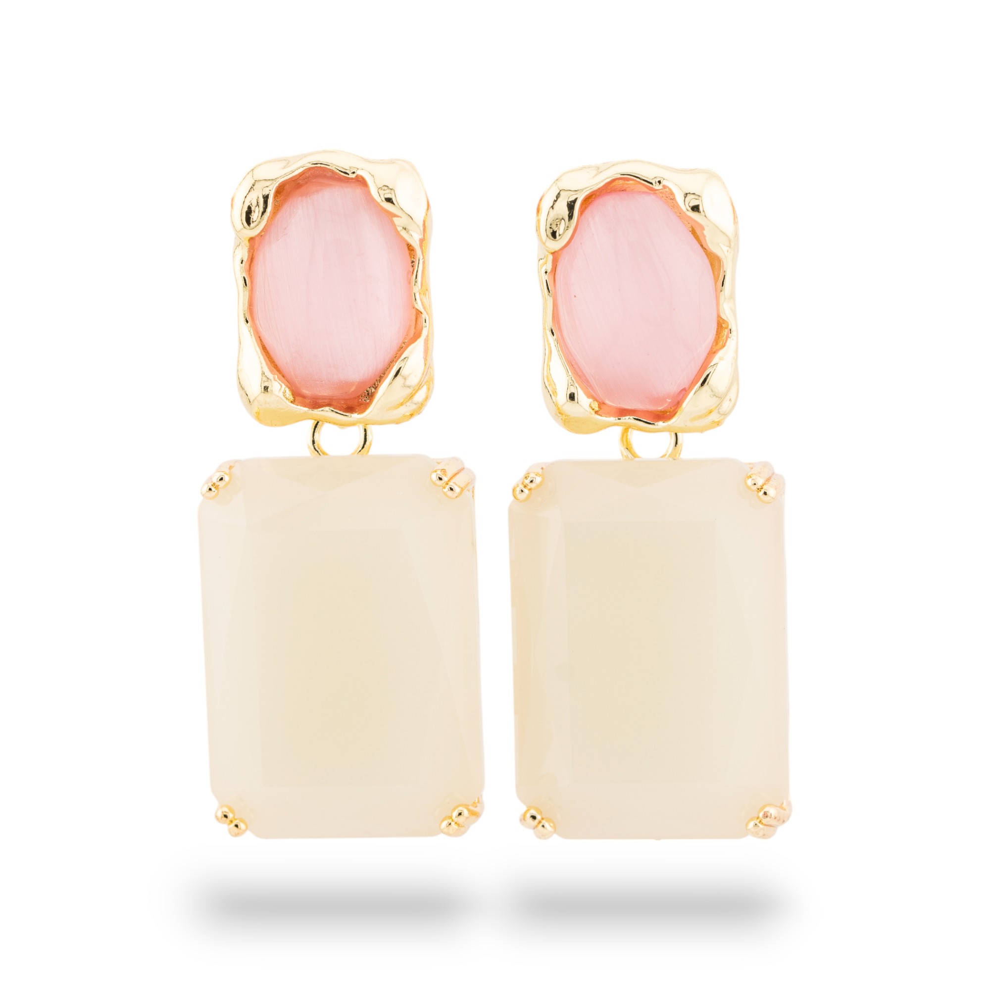 Orecchini A Perno Di Bronzo Con Occhio Di Gatto e Cristalli CZ Incastonate Dorate 18x40mm ALYSSA Rosa Bianco