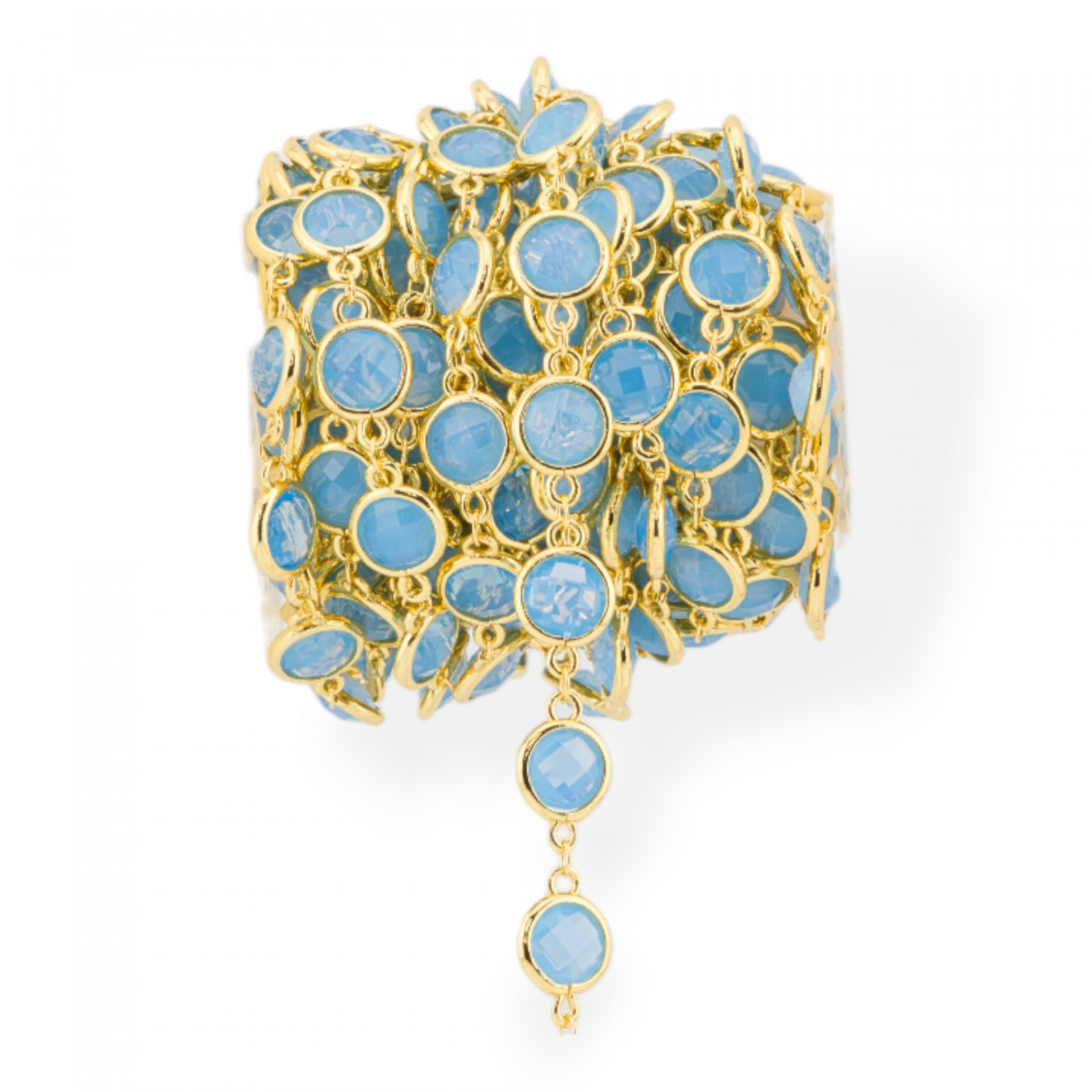 Catena Rosario Di Ottone Con Occhio Di Gatto Cabochon Tondo 10mm 5 Metri Dorato Celeste-CATENE CON PERLINE INCASTONATE | Worldofjewel.com