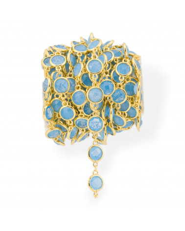 Catena Rosario Di Ottone Con Occhio Di Gatto Cabochon Tondo 10mm 5 Metri Dorato Celeste-CATENE CON PERLINE INCASTONATE | Worldofjewel.com