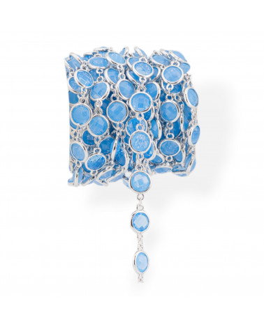 Catena Rosario Di Ottone Con Occhio Di Gatto Cabochon Tondo 10mm 5 Metri Rodiato Celeste-CATENE CON PERLINE INCASTONATE | Worldofjewel.com