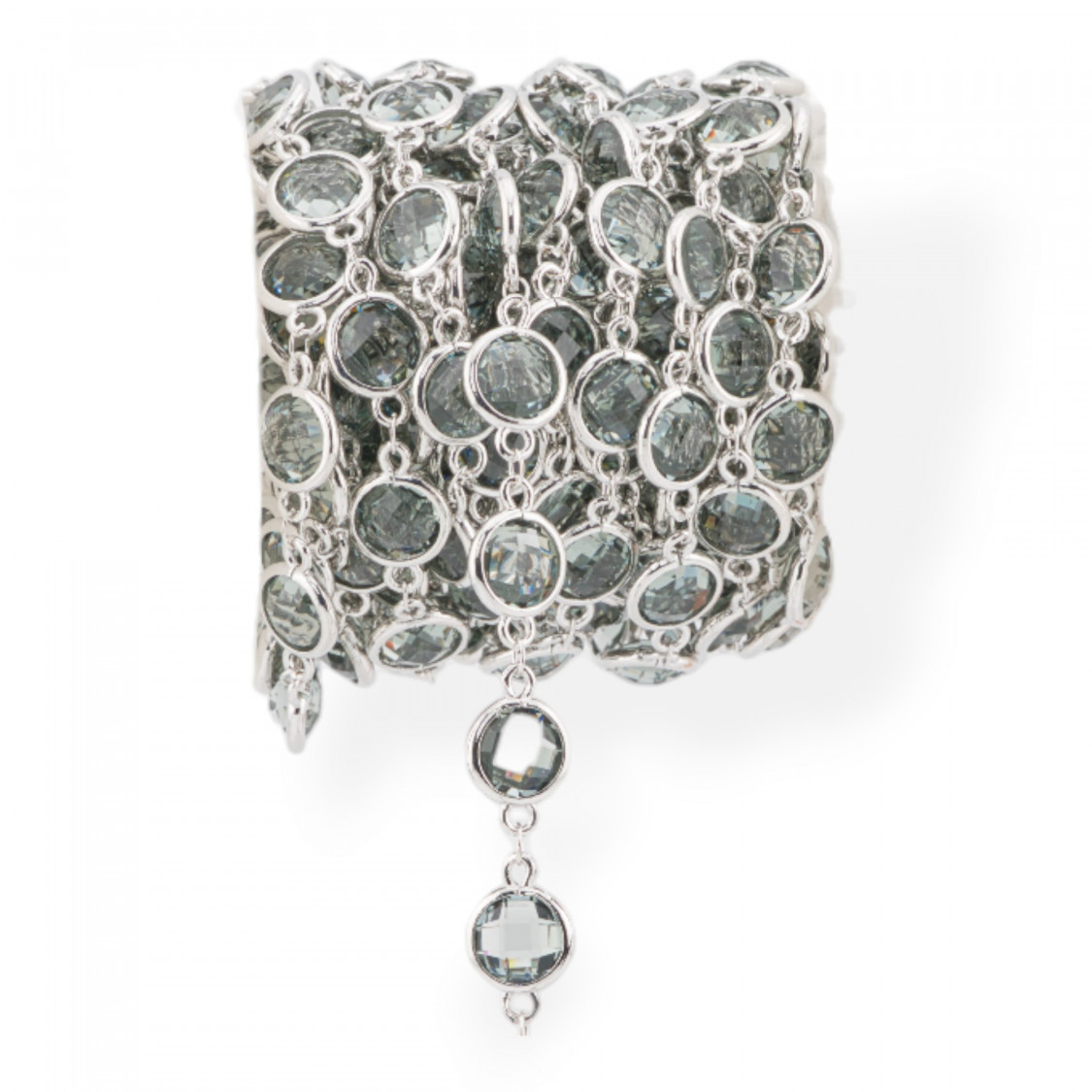 Catena Rosario Di Ottone Con Occhio Di Gatto Cabochon Tondo 10mm 5 Metri Rodiato Grigio Trasparente-CATENE CON PERLINE INCASTONATE | Worldofjewel.com