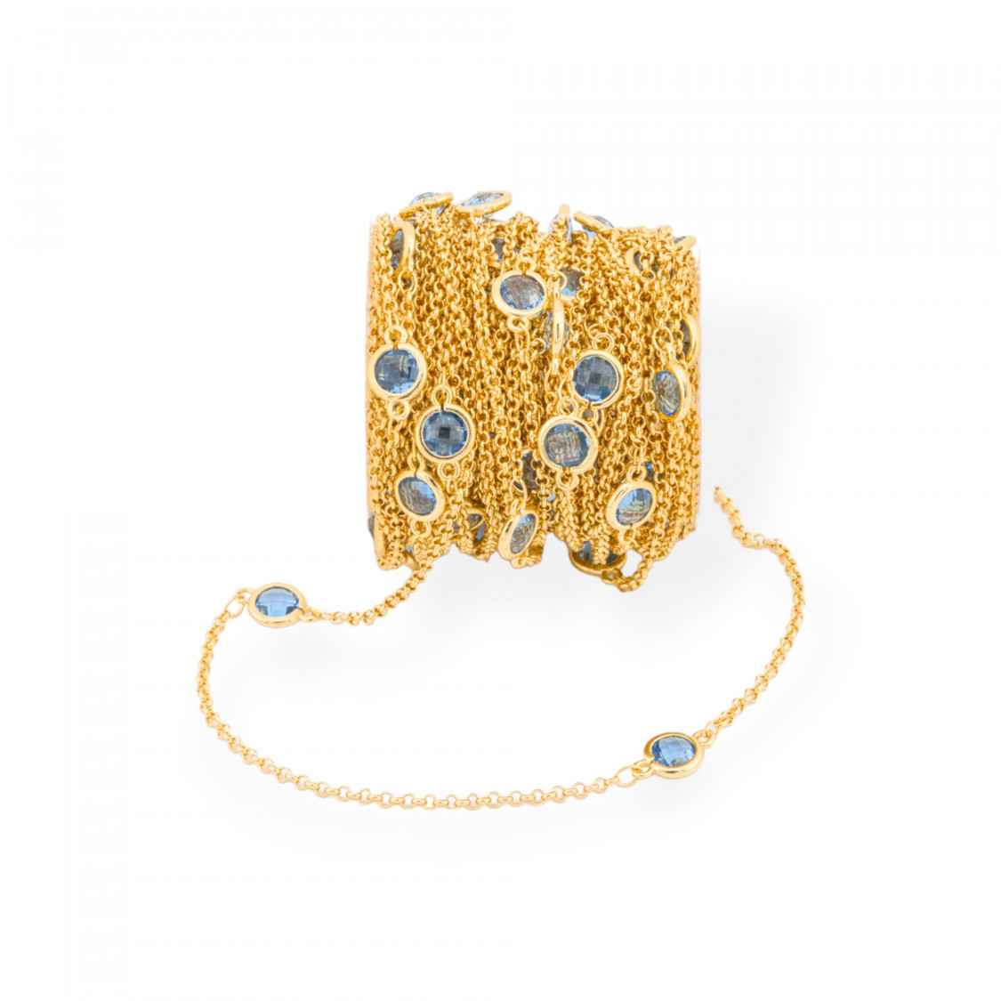 Catena Rosario Di Ottone Con Occhio Di Gatto Cabochon Tondo 7,5mm E Catena Rolo' 10 Metri Dorato Blu Chiaro-CATENE CON PERLINE INCASTONATE | Worldofjewel.com