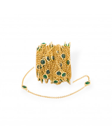 Catena Rosario Di Ottone Con Occhio Di Gatto Cabochon Tondo 7,5mm E Catena Rolo' 10 Metri Dorato Verde Smeraldo-CATENE CON PERLINE INCASTONATE | Worldofjewel.com