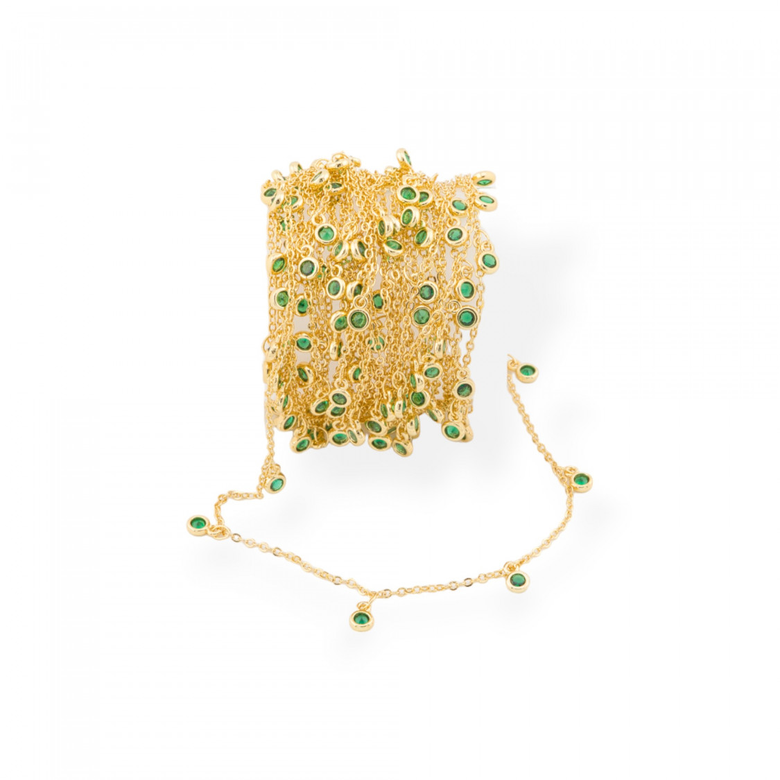 Catena Rosario Di Ottone Con Zirconi CZ 4mm E Catena Forzatina 10 Metri Dorato Verde Smeraldo-CATENE CON PERLINE INCASTONATE | Worldofjewel.com