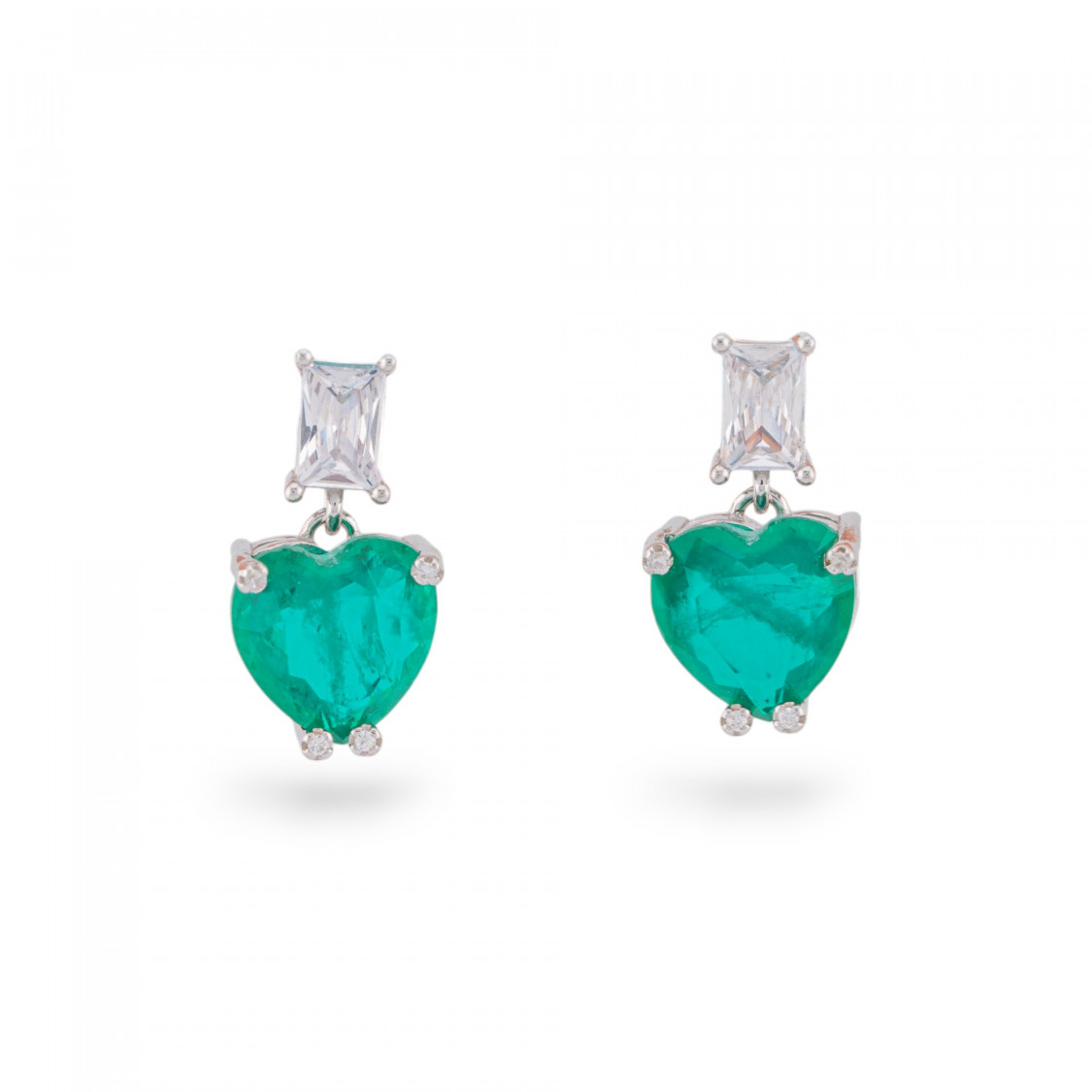 Orecchini Di Argento 925 Con Zirconi E Pietre Incastonate Cuore Rodiato Verde Smeraldo-ORECCHINI ARGENTO 925 LUXE | Worldofjewel.com