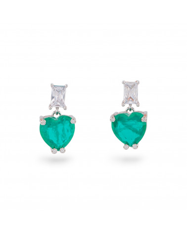 Orecchini Di Argento 925 Con Zirconi E Pietre Incastonate Cuore Rodiato Verde Smeraldo-ORECCHINI ARGENTO 925 LUXE | Worldofjewel.com