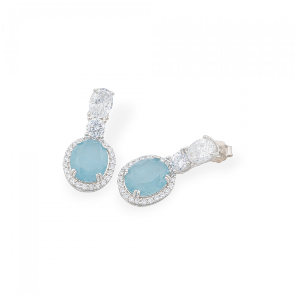 Orecchini Di Argento 925 Con Zirconi E Pietre Incastonate Ovale Rodiato Celeste-ORECCHINI ARGENTO 925 LUXE | Worldofjewel.com