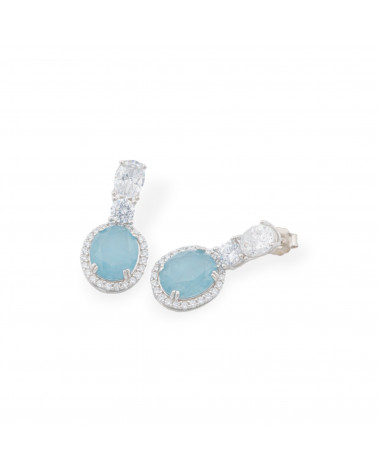 Orecchini Di Argento 925 Con Zirconi E Pietre Incastonate Ovale Rodiato Celeste-ORECCHINI ARGENTO 925 LUXE | Worldofjewel.com
