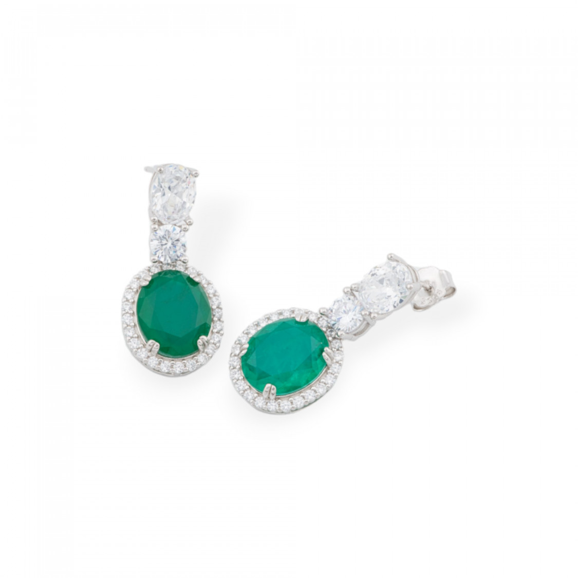 Orecchini Di Argento 925 Con Zirconi E Pietre Incastonate Ovale Rodiato Smeraldo-ORECCHINI ARGENTO 925 LUXE | Worldofjewel.com