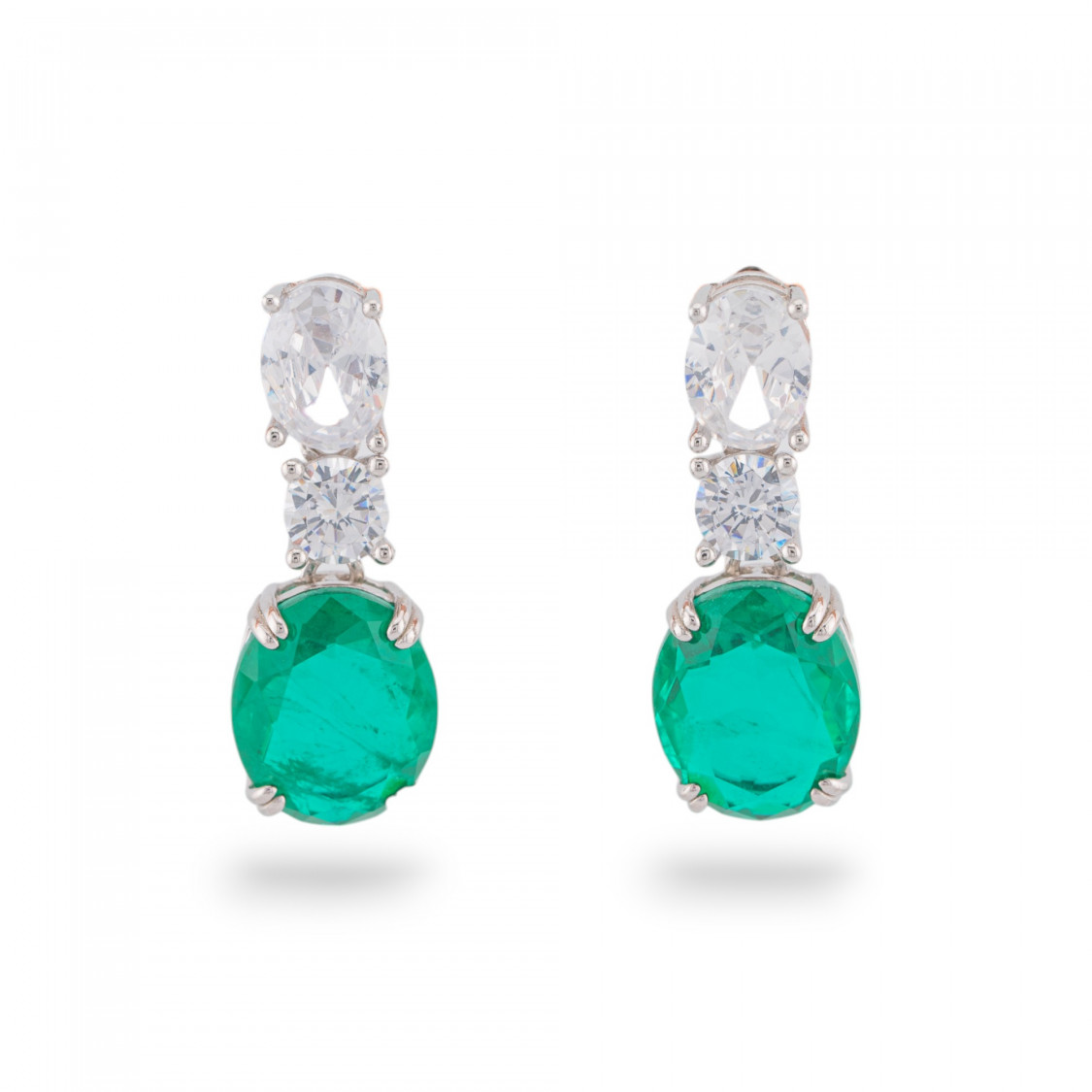 Orecchini Di Argento 925 Con Zirconi E Pietre Incastonate Rodiato Ovale Verde Smeraldo-ORECCHINI ARGENTO 925 LUXE | Worldofjewel.com