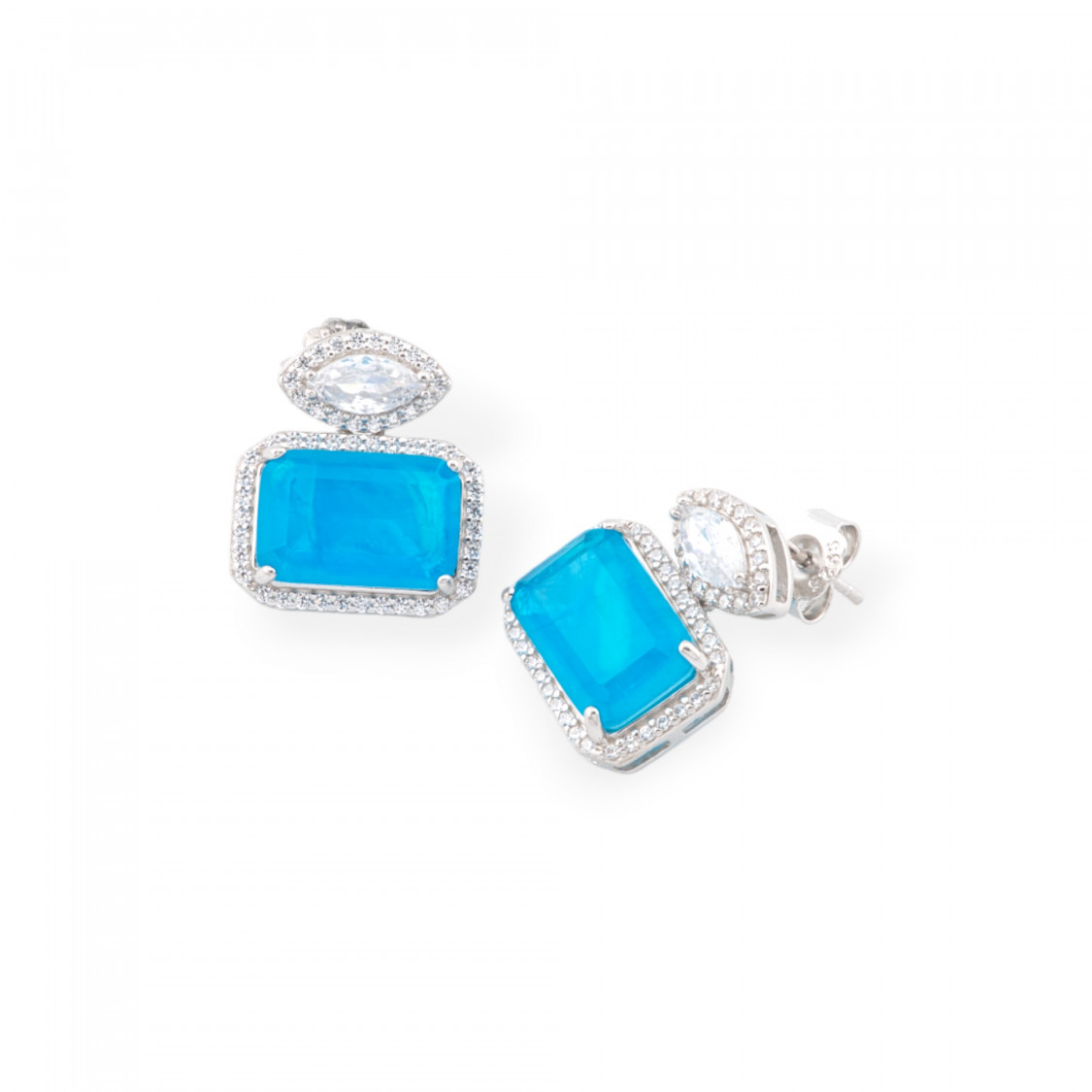 Orecchini Di Argento 925 Con Zirconi E Pietre Incastonate Rodiato Rettangolo Blu-ORECCHINI ARGENTO 925 LUXE | Worldofjewel.com