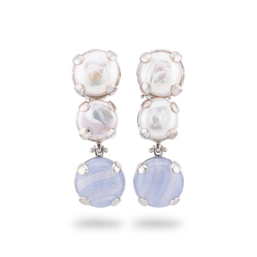 Orecchini Di Argento 925 Made in ITALY Con Perle Di Fiume E Pietre Incastonate Calcedonio-ARGENTO 925 DESIGN ITALY | Worldofjewel.com